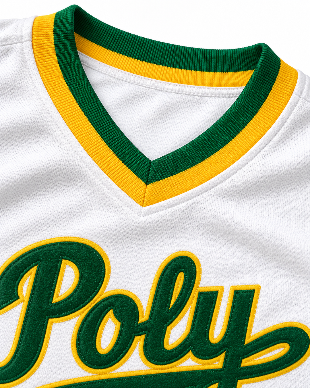 Neckline and fabric detail product mockup of Tony Gwynn 19 Polytechnic High School Jackrabbits White Baseball Jersey 1.