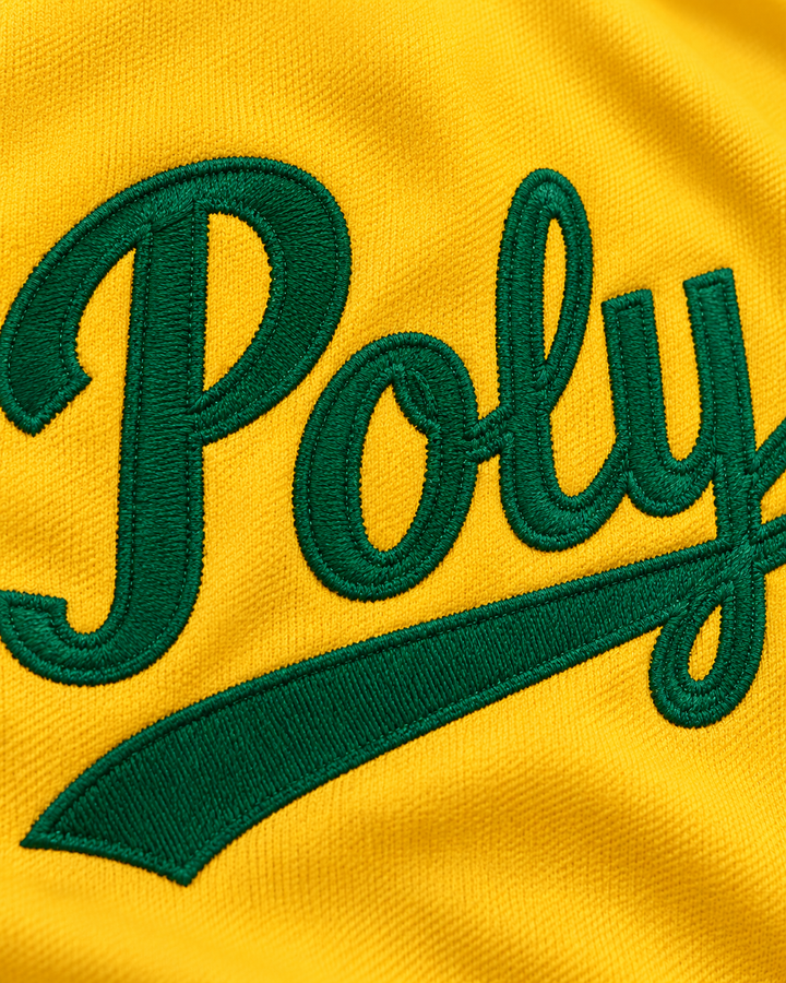 Embroidery detail product mockup of Tony Gwynn 19 Polytechnic High School Jackrabbits Yellow Baseball Jersey 2.