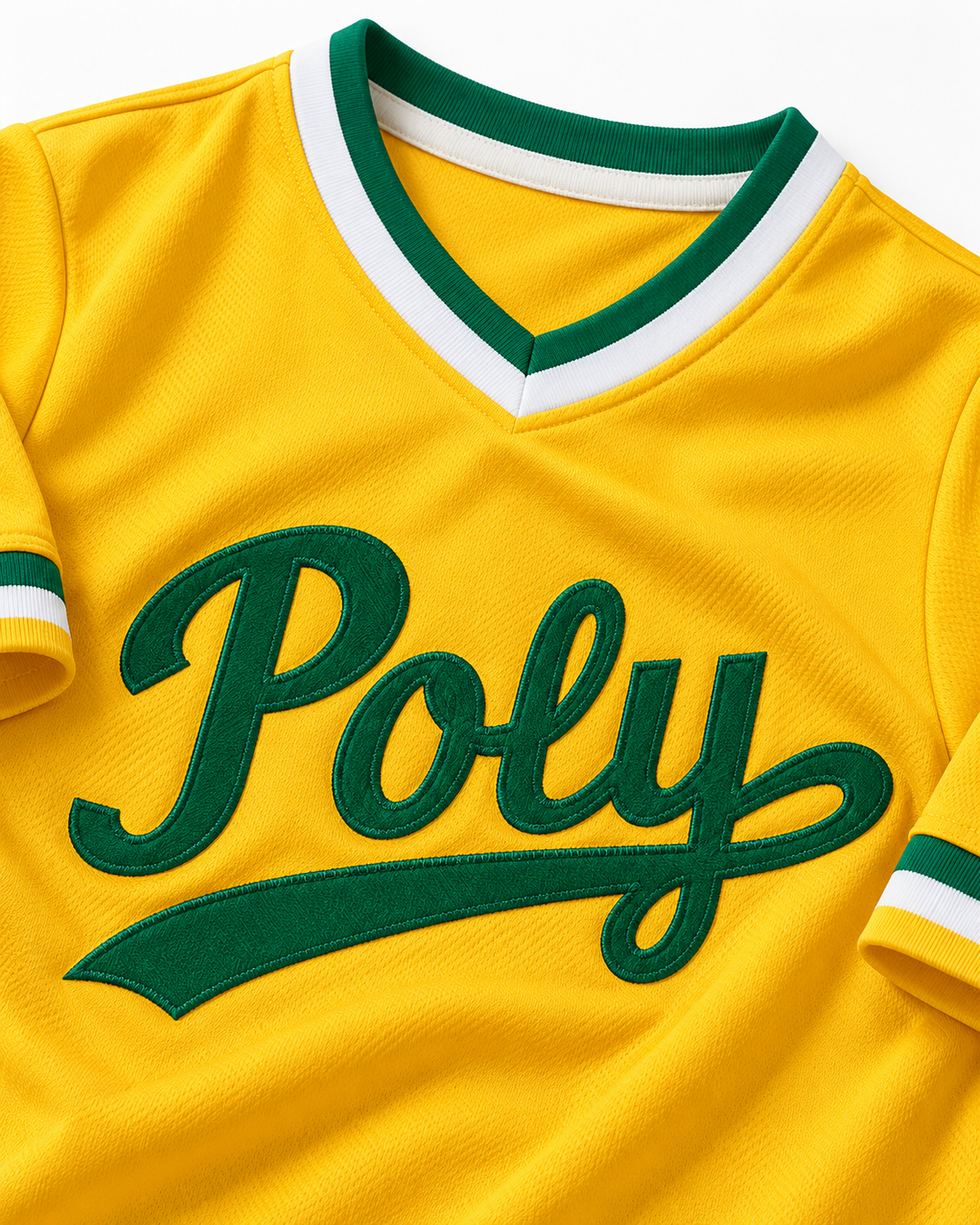 Neckline and fabric detail product mockup of Tony Gwynn 19 Polytechnic High School Jackrabbits Yellow Baseball Jersey 2.