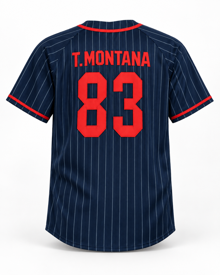 Back product mockup of Tony Montana 83 Scarface Navy Blue Pinstriped Baseball Jersey.
