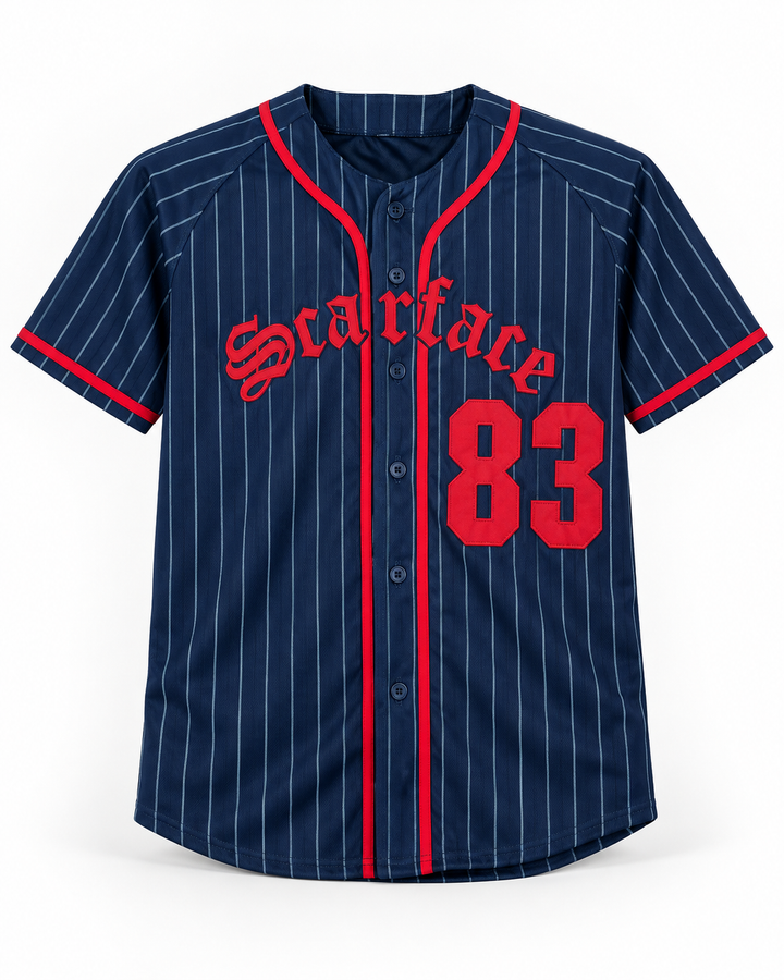 Front product mockup of Tony Montana 83 Scarface Navy Blue Pinstriped Baseball Jersey.