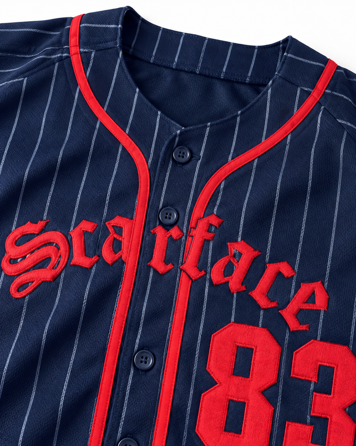 Neckline and fabric detail product mockup of Tony Montana 83 Scarface Navy Blue Pinstriped Baseball Jersey.