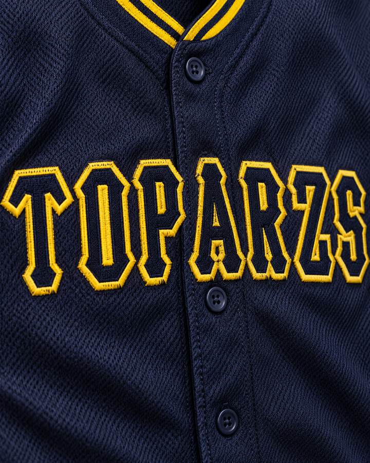 Embroidery detail product mockup of Toparzs Gifu 16 Navy Blue Button Down Baseball Jersey.