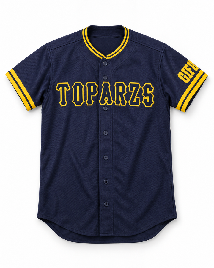 Front product mockup of Toparzs Gifu 16 Navy Blue Button Down Baseball Jersey.