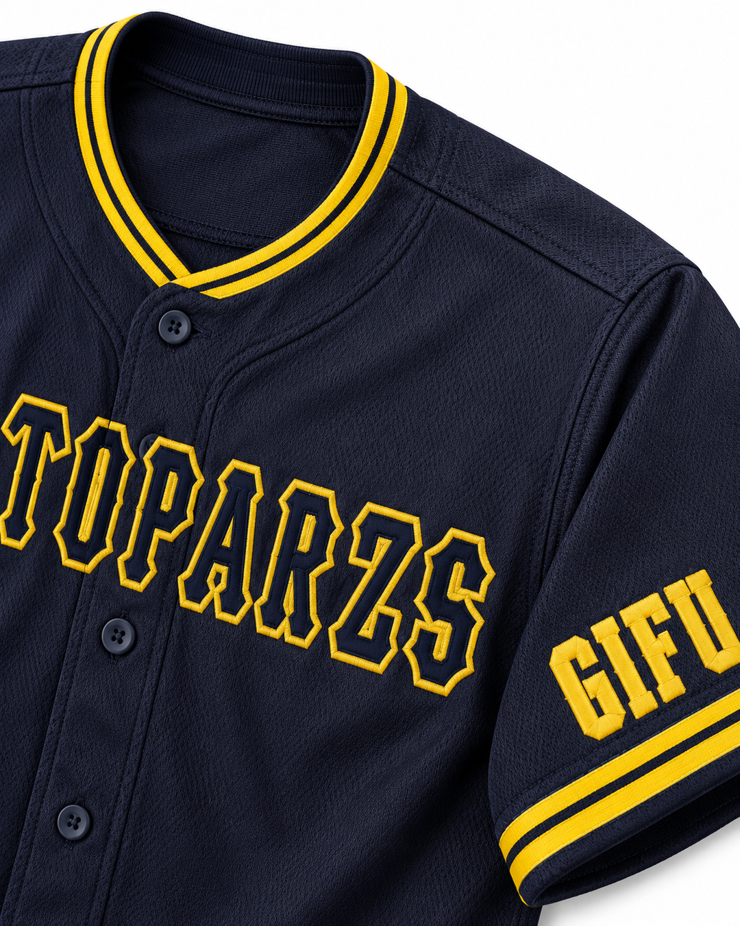 Neckline and fabric detail product mockup of Toparzs Gifu 16 Navy Blue Button Down Baseball Jersey.