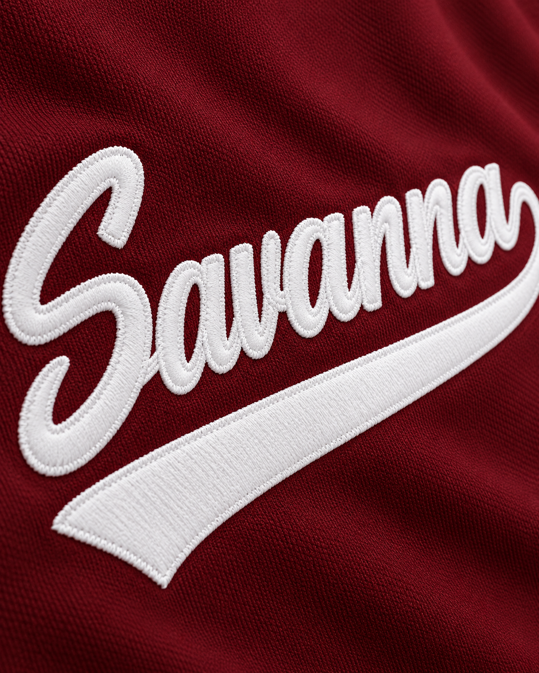Embroidery detail product mockup of Trevor Hoffman 1 Savanna High School Rebels Maroon Baseball Jersey 1.