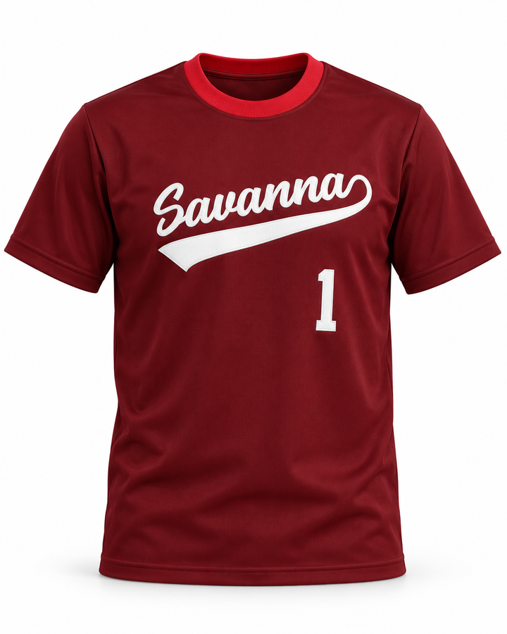 Front product mockup of Trevor Hoffman 1 Savanna High School Rebels Maroon Baseball Jersey 2.
