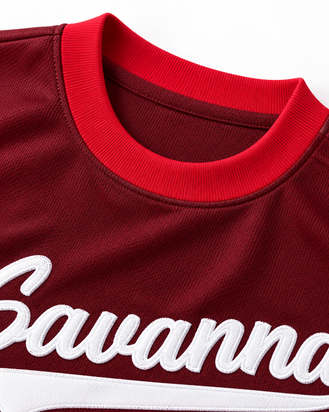 Neckline and fabric detail product mockup of Trevor Hoffman 1 Savanna High School Rebels Maroon Baseball Jersey 2.