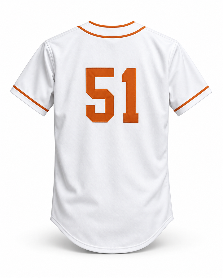 Back product mockup of Trevor Hoffman 51 Bellflower Little League White Baseball Jersey 1.