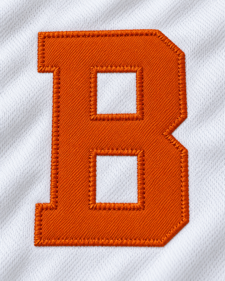Embroidery detail product mockup of Trevor Hoffman 51 Bellflower Little League White Baseball Jersey 1.
