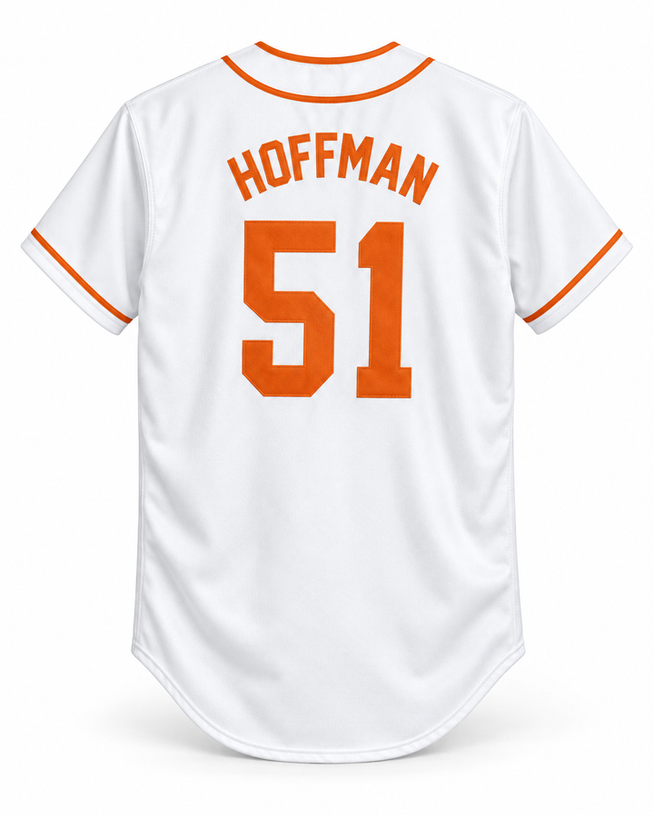 Back product mockup of Trevor Hoffman 51 Bellflower Little League White Baseball Jersey 2.