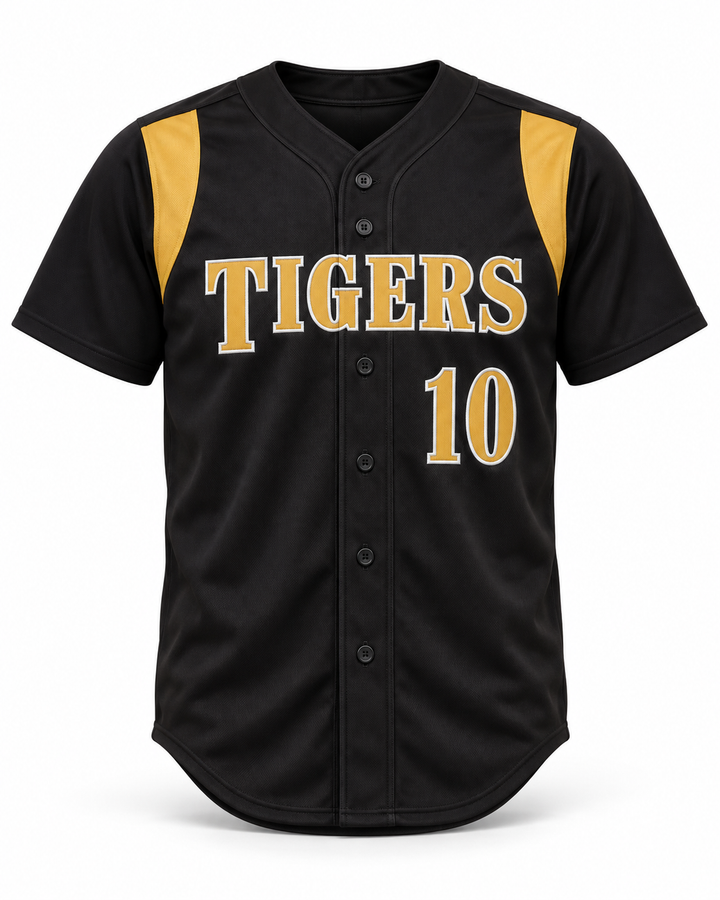 Front product mockup of Trevor Story 10 High School Tigers Black Baseball Jersey 1.