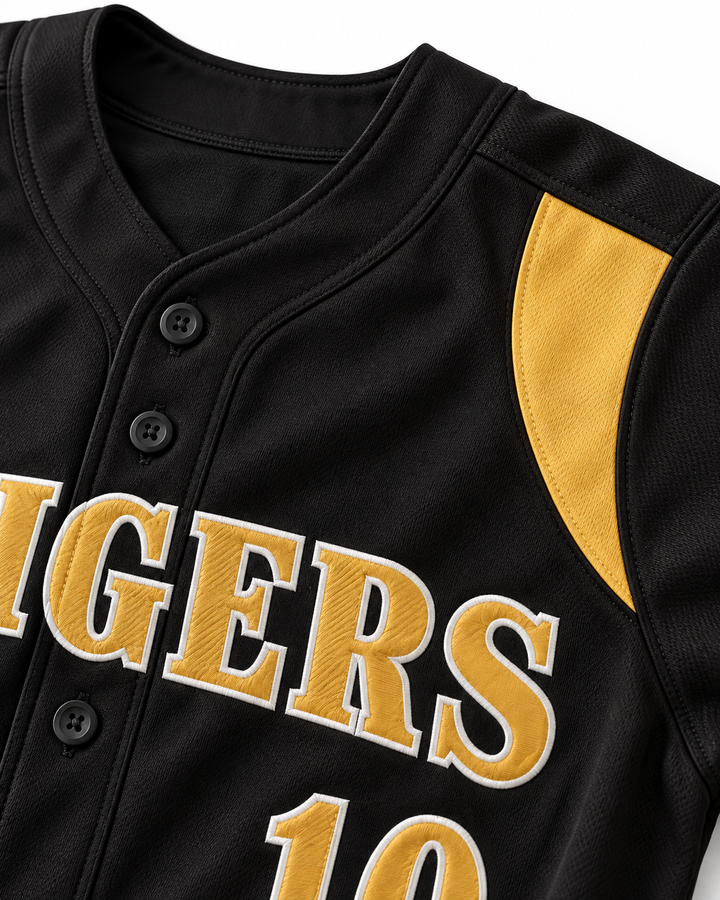 Neckline and fabric detail product mockup of Trevor Story 10 High School Tigers Black Baseball Jersey 1.