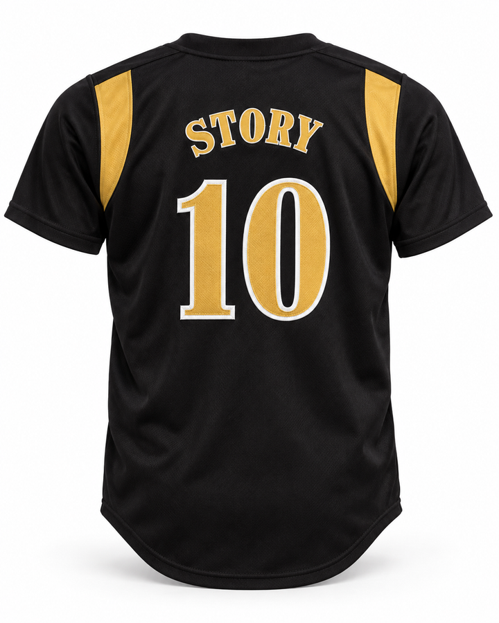 Back product mockup of Trevor Story 10 High School Tigers Black Baseball Jersey 2.