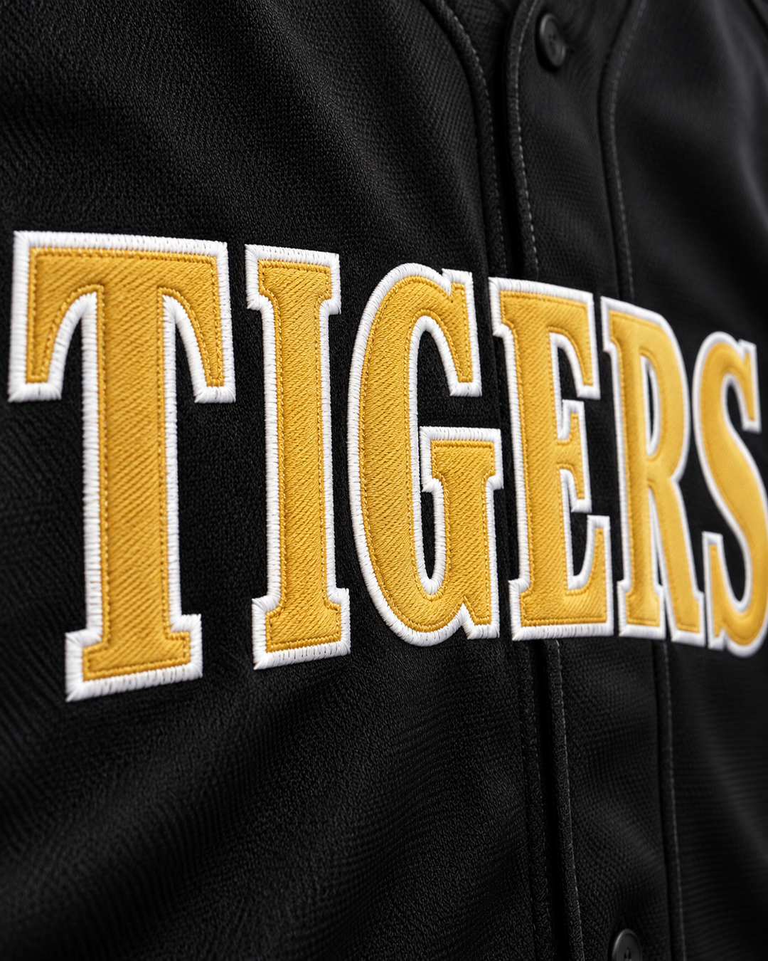 Embroidery detail product mockup of Trevor Story 10 High School Tigers Black Baseball Jersey 2.