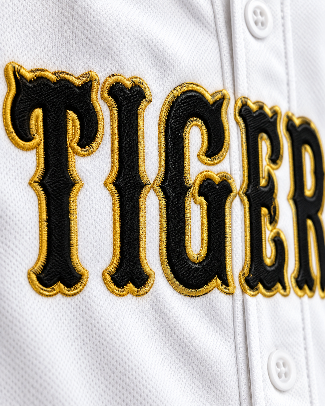 Embroidery detail product mockup of Trevor Story 10 High School Tigers White Baseball Jersey 2.