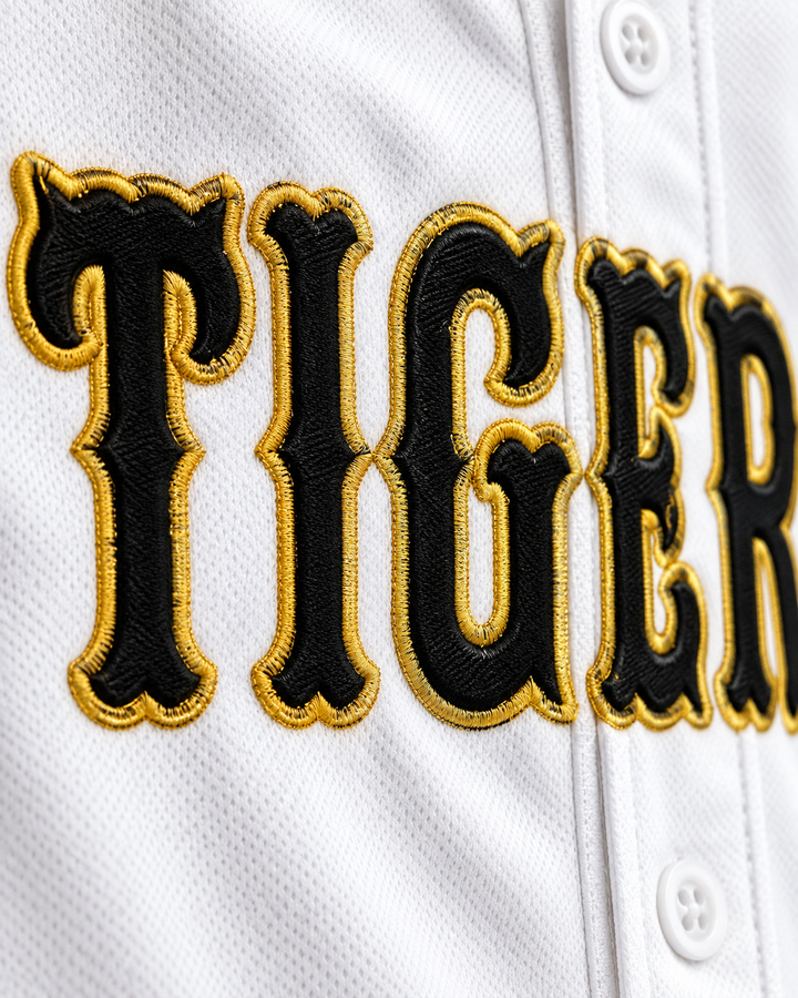 Embroidery detail product mockup of Trevor Story 10 High School Tigers White Baseball Jersey 2.