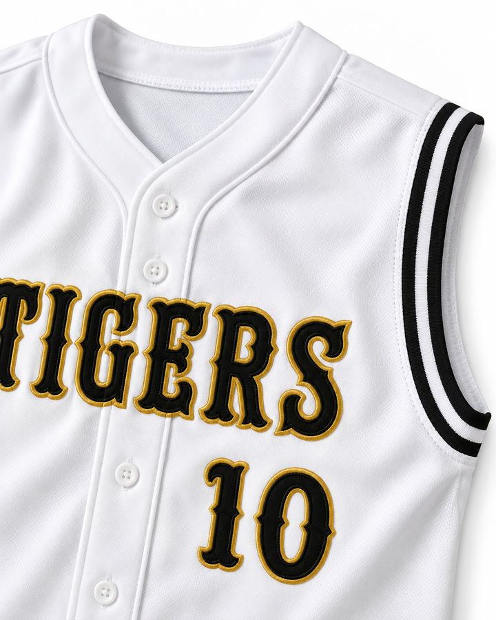 Neckline and fabric detail product mockup of Trevor Story 10 High School Tigers White Baseball Jersey 2.