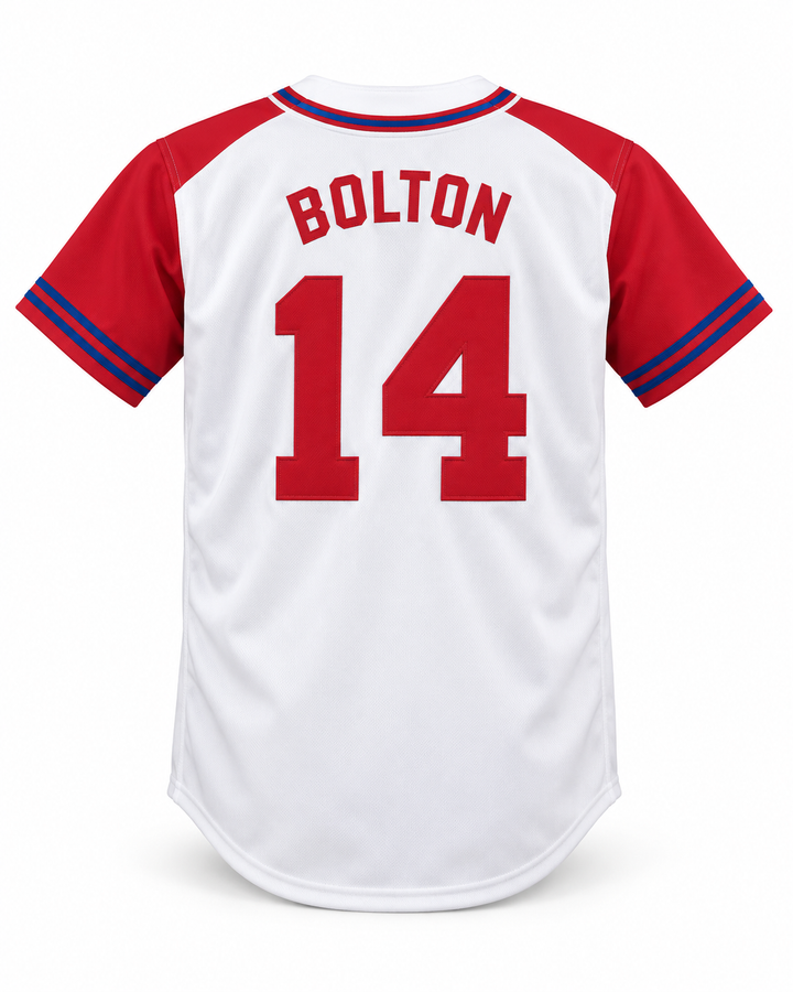 Back product mockup of Troy Bolton 14 East High School Wildcats Baseball Jersey.