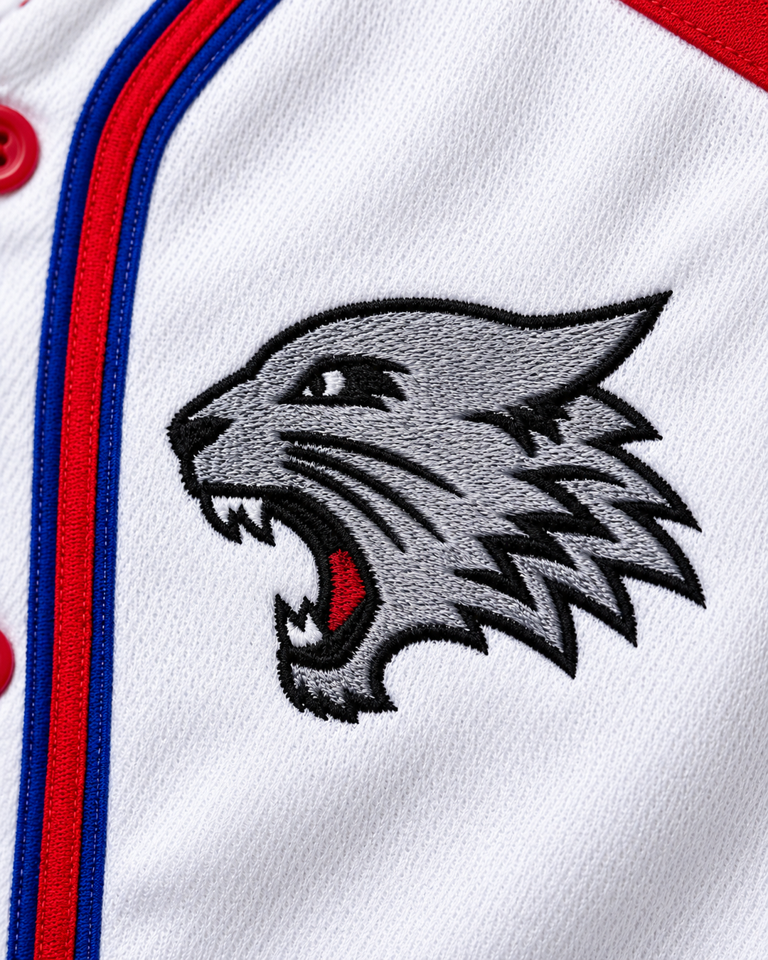 Embroidery detail product mockup of Troy Bolton 14 East High School Wildcats Baseball Jersey.