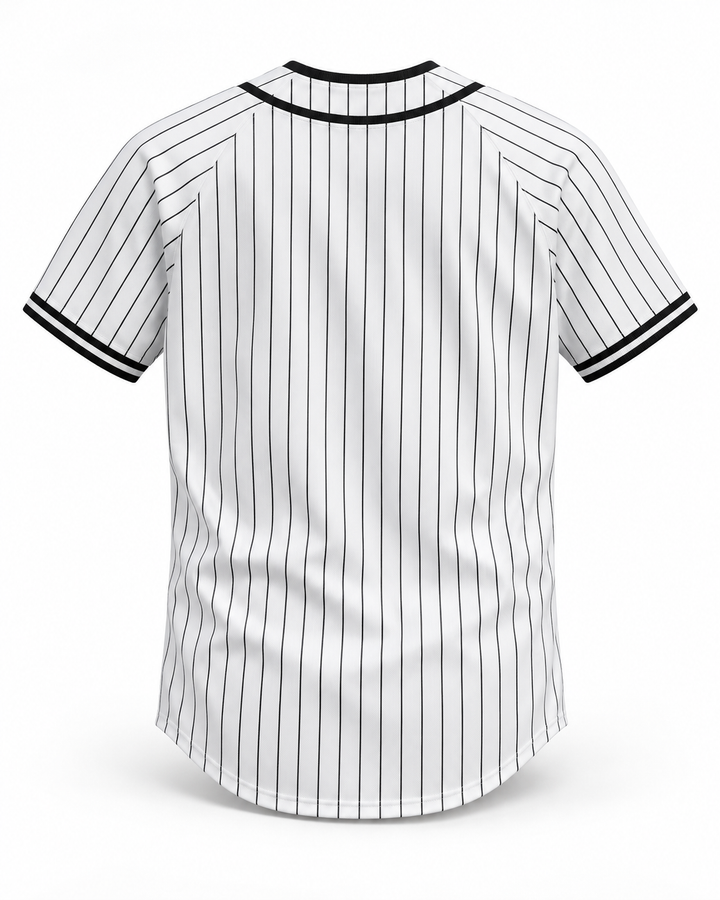 Back product mockup of Twilight Edward Cullen White Pinstriped Baseball Jersey.