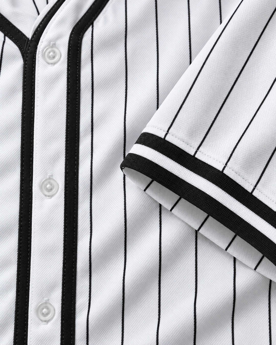 Fabric and cuff seam detail product mockup of Twilight Edward Cullen White Pinstriped Baseball Jersey.