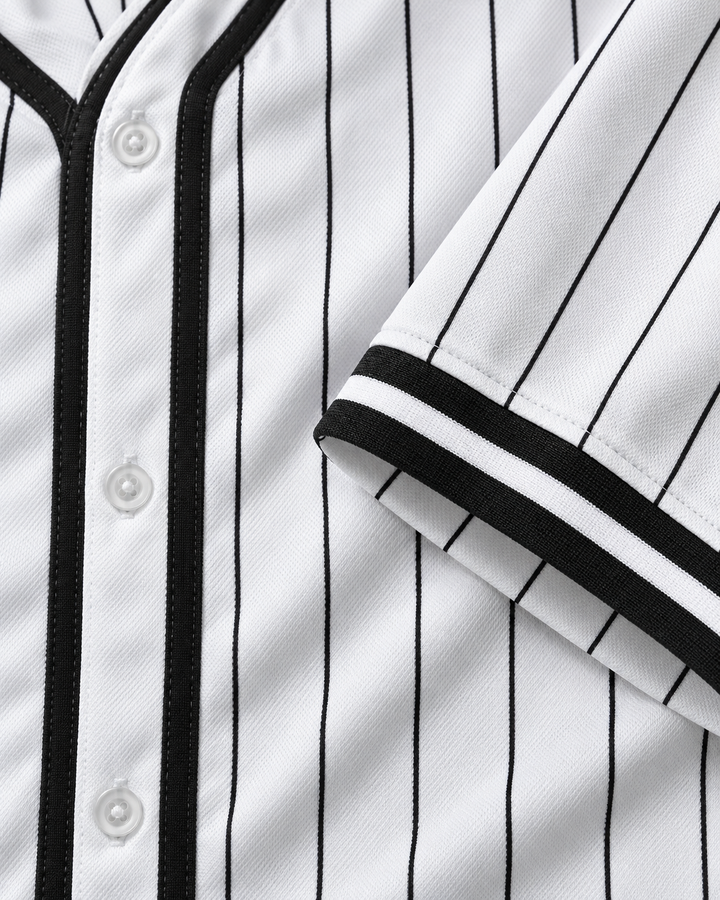 Fabric and cuff seam detail product mockup of Twilight Edward Cullen White Pinstriped Baseball Jersey.