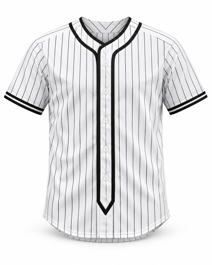 Front product mockup of Twilight Edward Cullen White Pinstriped Baseball Jersey.