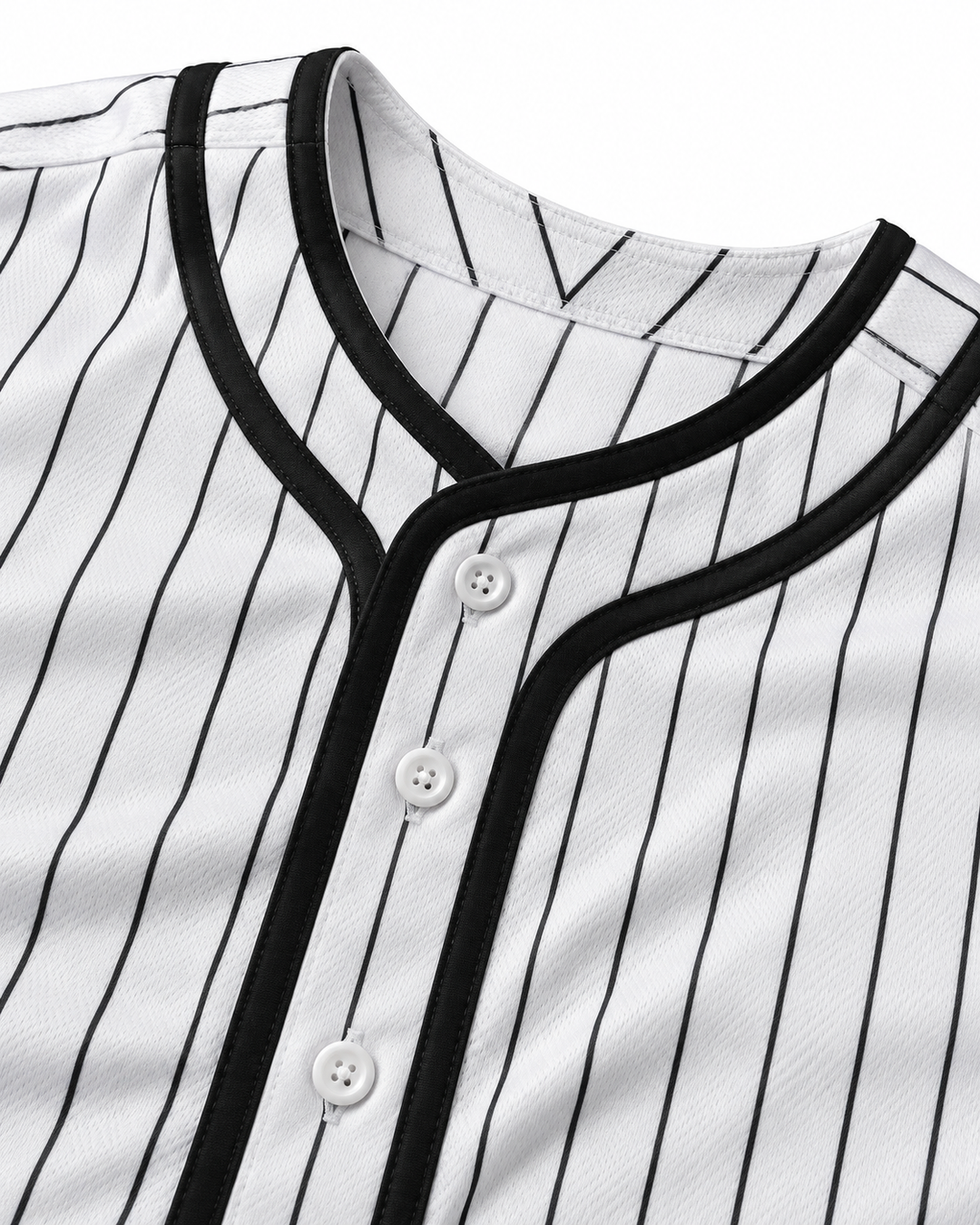 Neckline and fabric detail product mockup of Twilight Edward Cullen White Pinstriped Baseball Jersey.