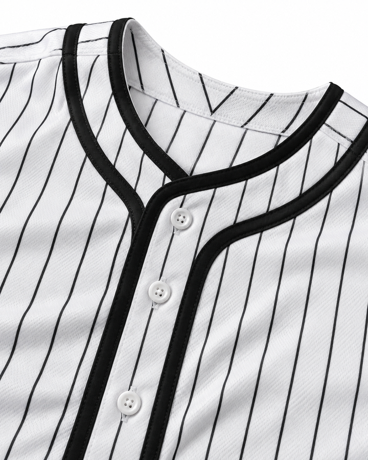 Neckline and fabric detail product mockup of Twilight Edward Cullen White Pinstriped Baseball Jersey.