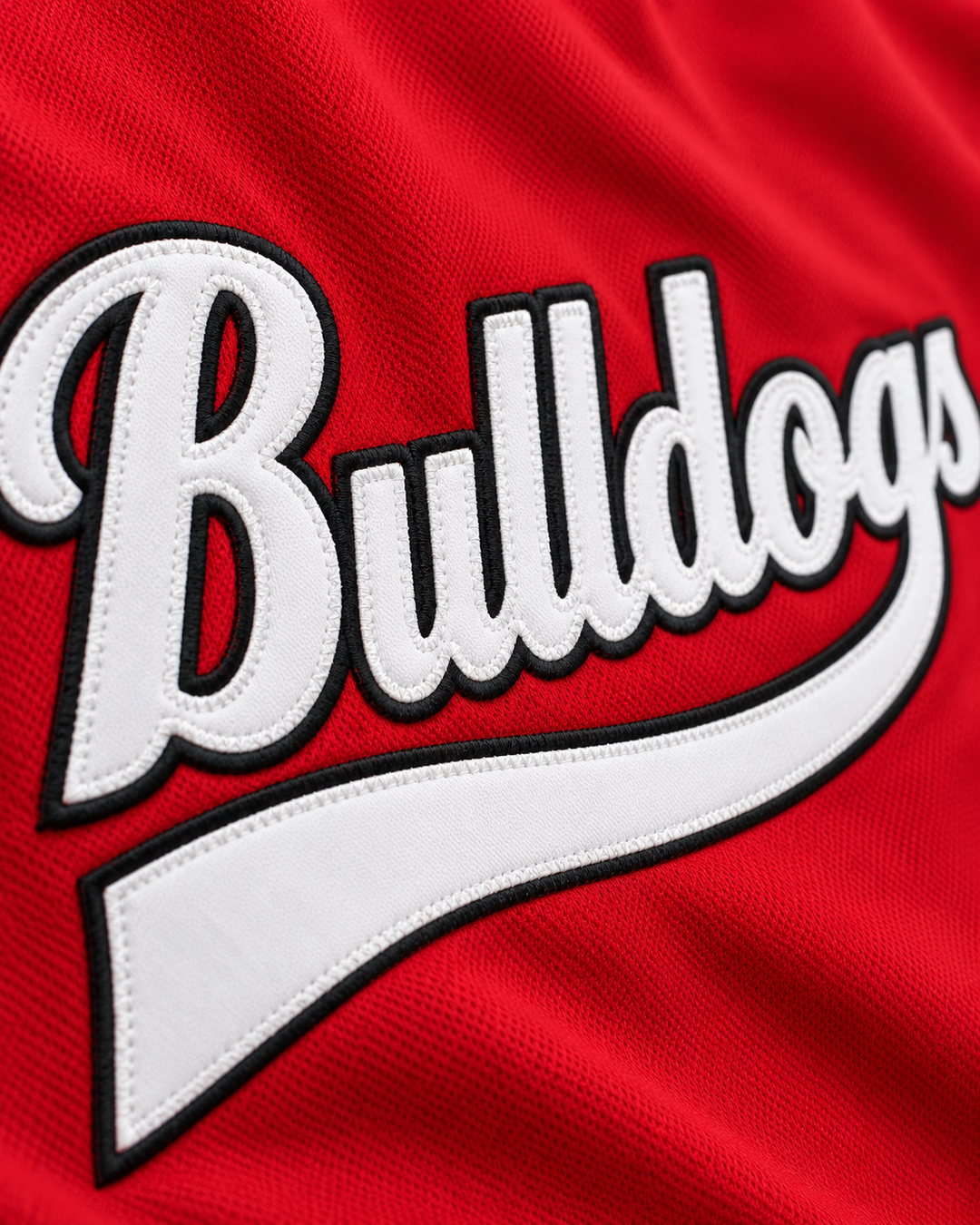 Embroidery detail product mockup of Tyler 9 Bulldogs Home Run Baseball Jersey.