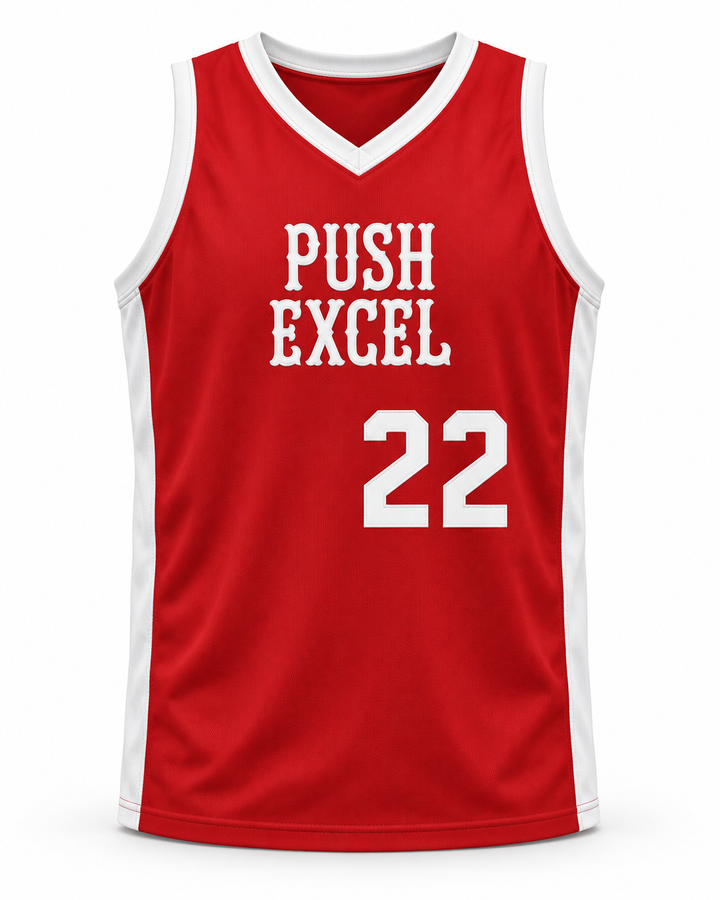 Front product mockup of Tyrone Corbin 22 Push Excel 1985 Red Basketball Jersey.
