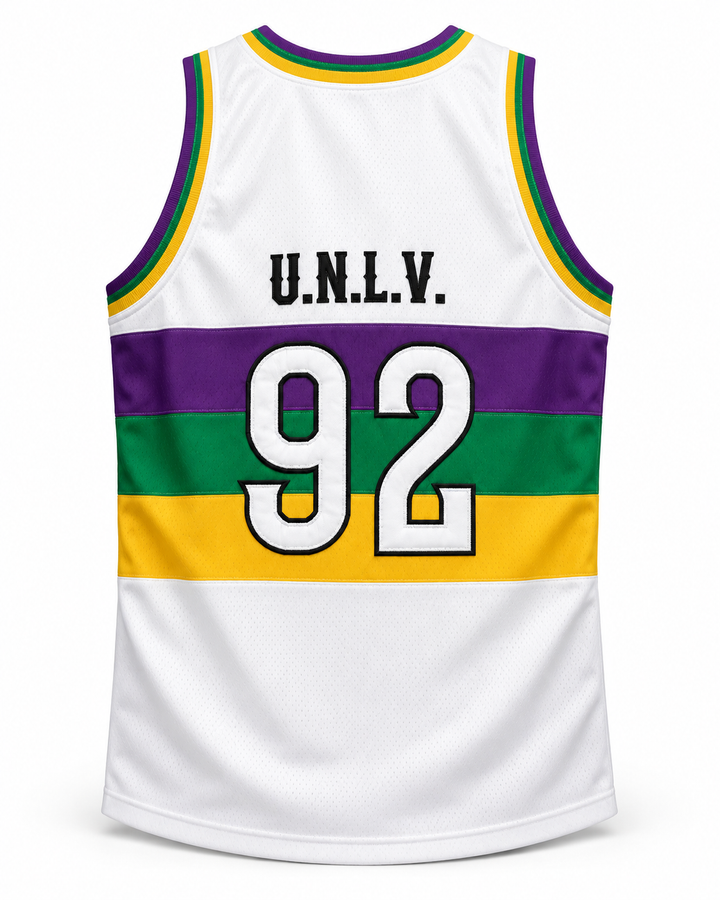 Back product mockup of U.N.L.V. 92 NOLA Bounce White Basketball Jersey.