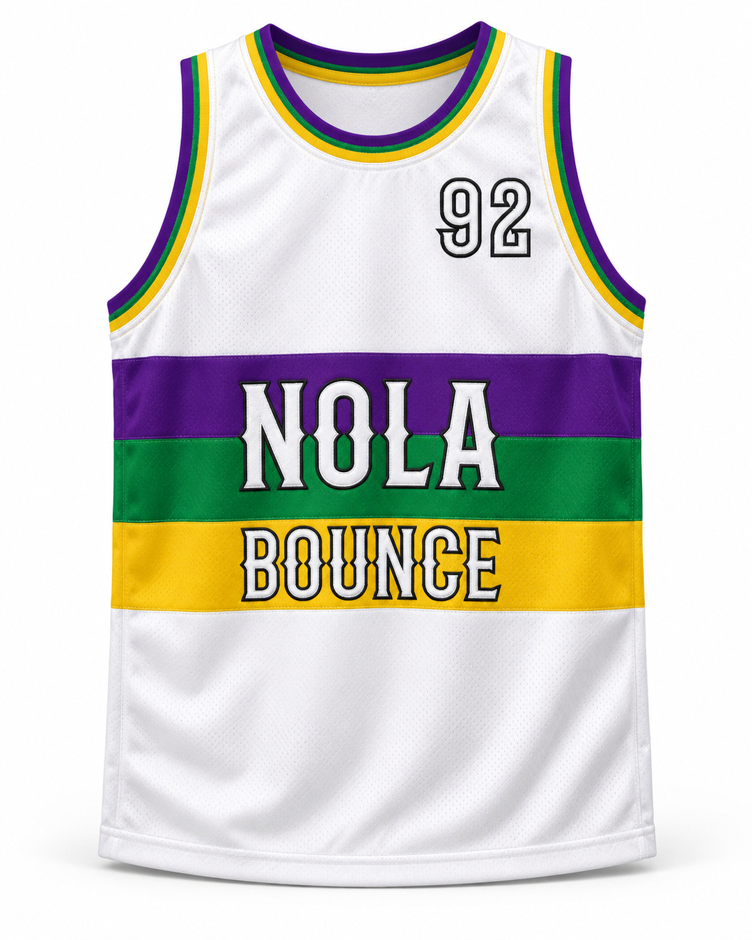 Front product mockup of U.N.L.V. 92 NOLA Bounce White Basketball Jersey.