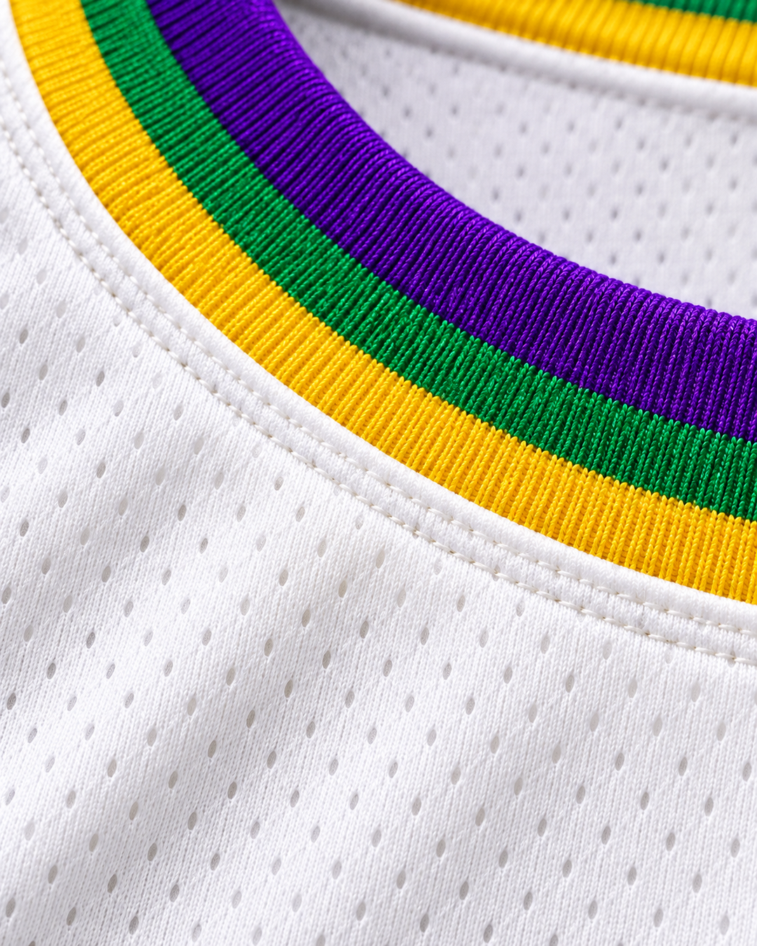 Neckline and fabric detail product mockup of U.N.L.V. 92 NOLA Bounce White Basketball Jersey.