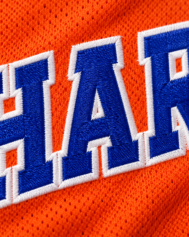 Embroidery detail product mockup of Uncle Drew 2 Harlem Money Basketball Jersey.