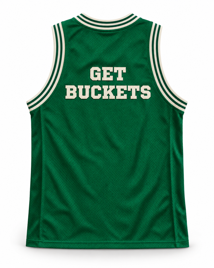Back product mockup of Uncle Drew Get Buckets Green Basketball Jersey.