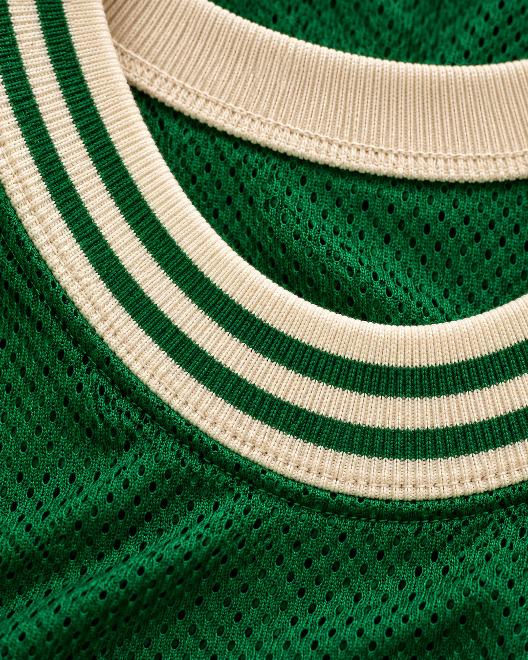 Neckline and fabric detail product mockup of Uncle Drew Get Buckets Green Basketball Jersey.