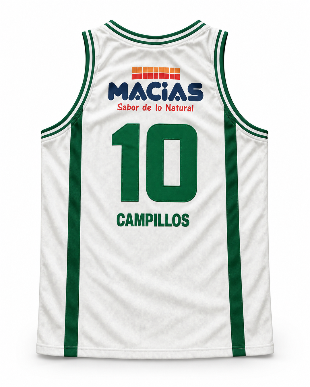 Back product mockup of Unicaja Baloncesto Malaga Spain 10 White Basketball Jersey.