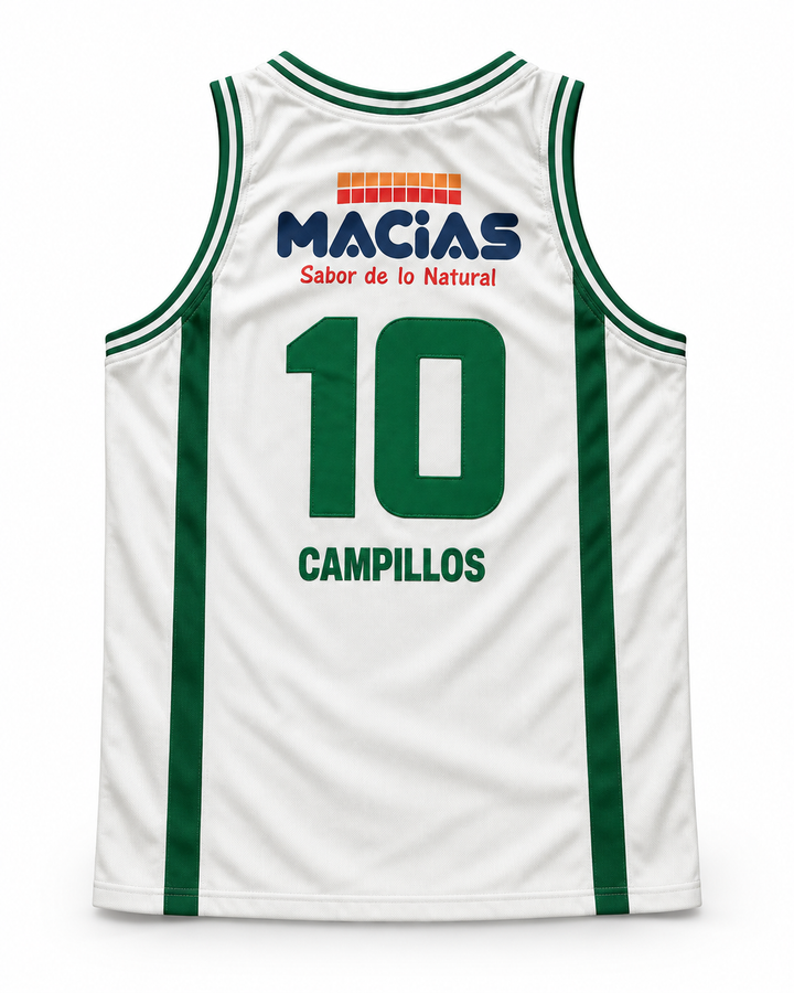 Back product mockup of Unicaja Baloncesto Malaga Spain 10 White Basketball Jersey.