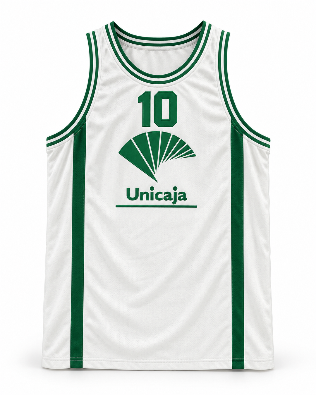 Front product mockup of Unicaja Baloncesto Malaga Spain 10 White Basketball Jersey.