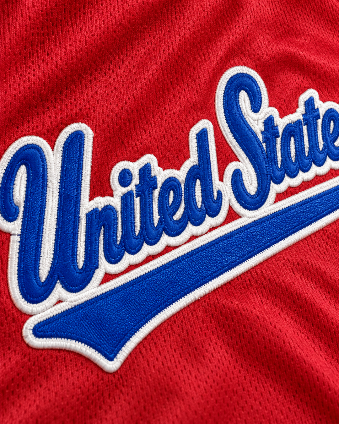 Embroidery detail product mockup of United States 1 Red Basketball Jersey.