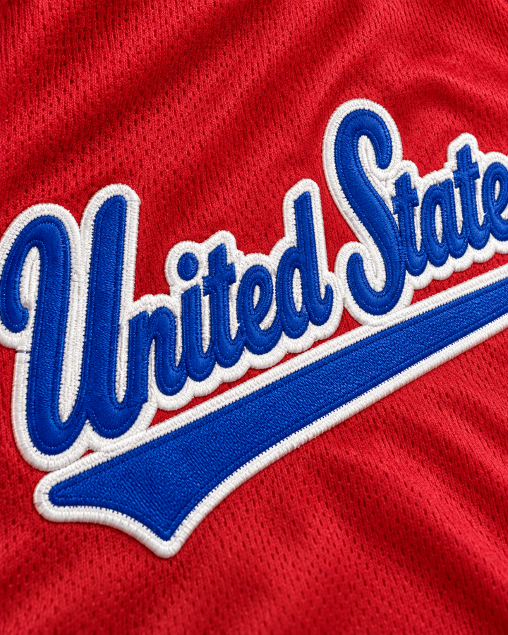 Embroidery detail product mockup of United States 1 Red Basketball Jersey.