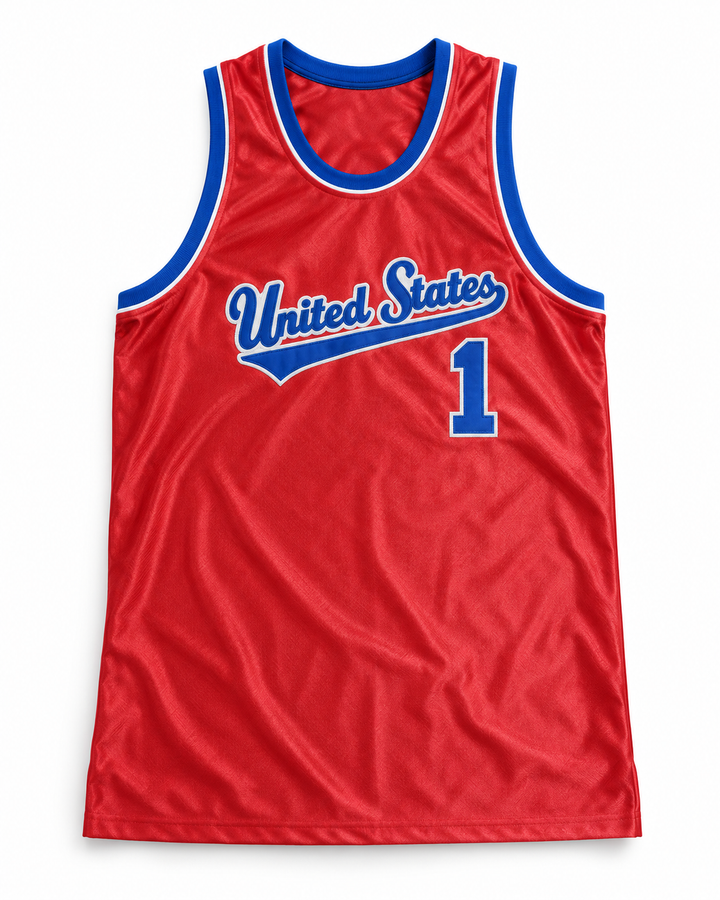Front product mockup of United States 1 Red Basketball Jersey.