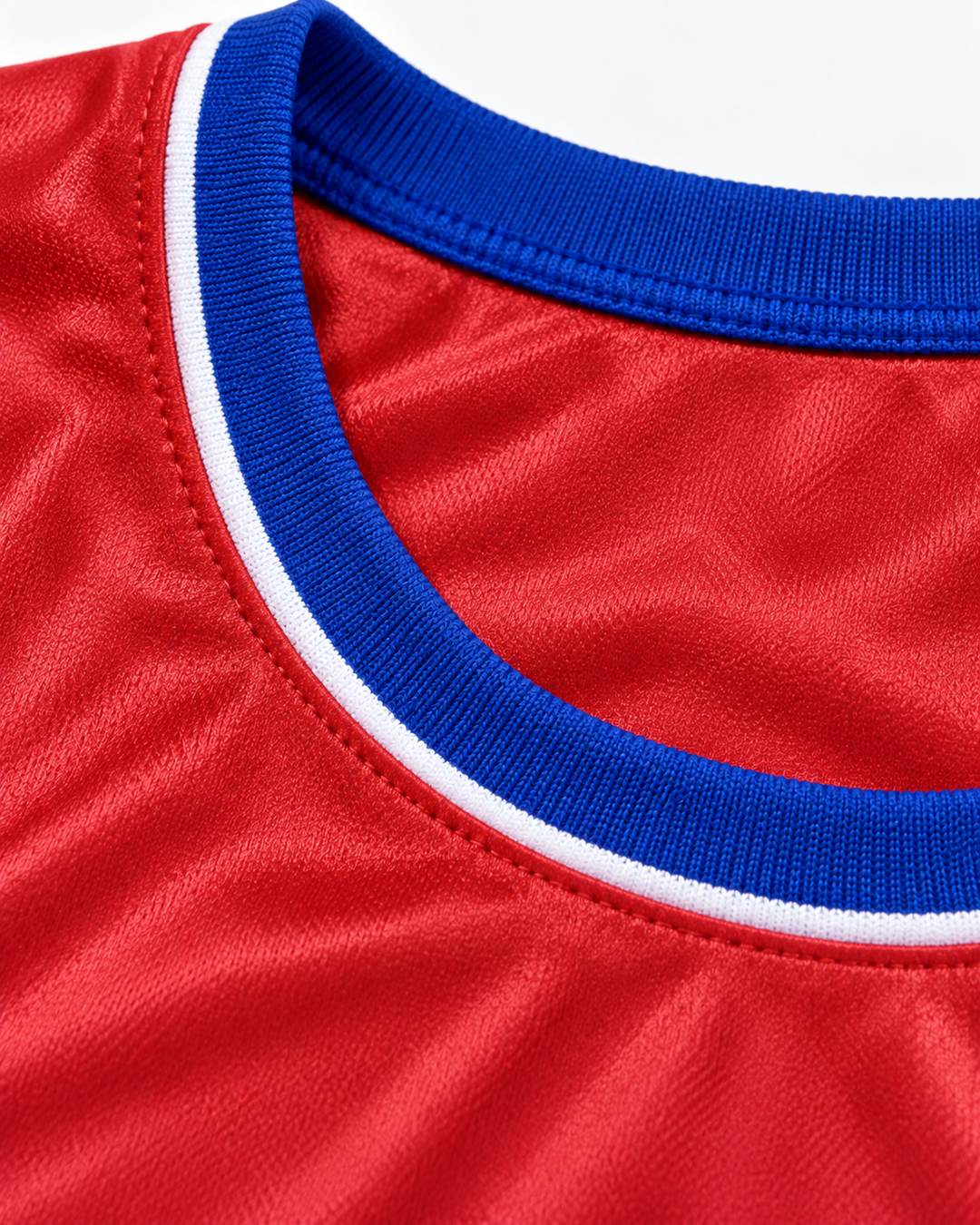 Neckline and fabric detail product mockup of United States 1 Red Basketball Jersey.