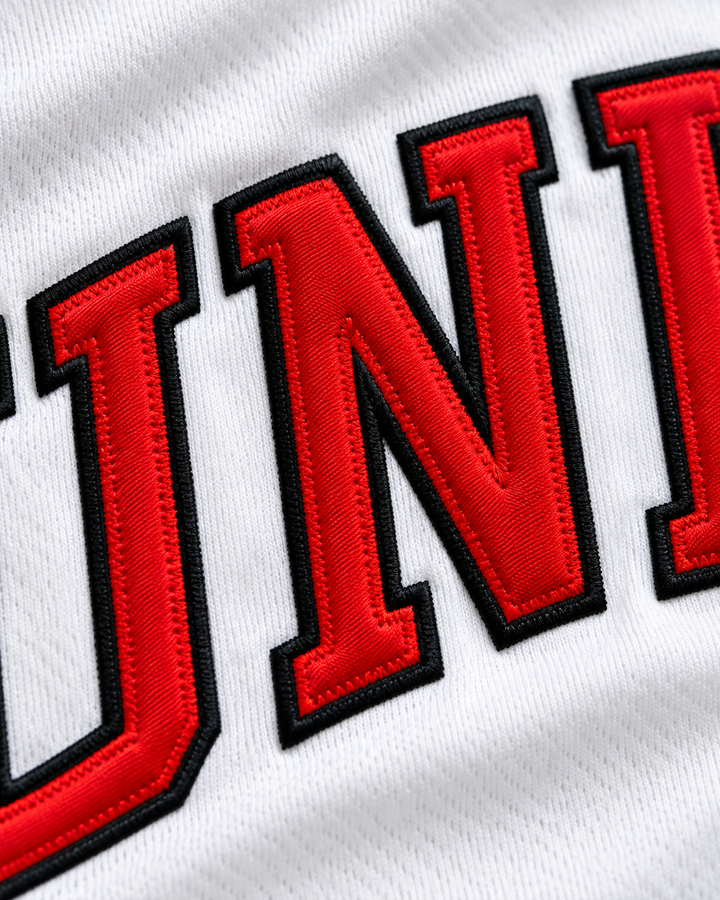 Embroidery detail product mockup of United States 2 White Basketball Jersey.