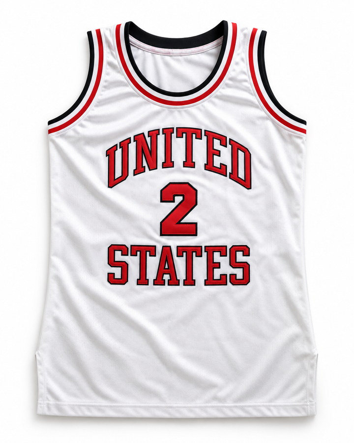 Front product mockup of United States 2 White Basketball Jersey.
