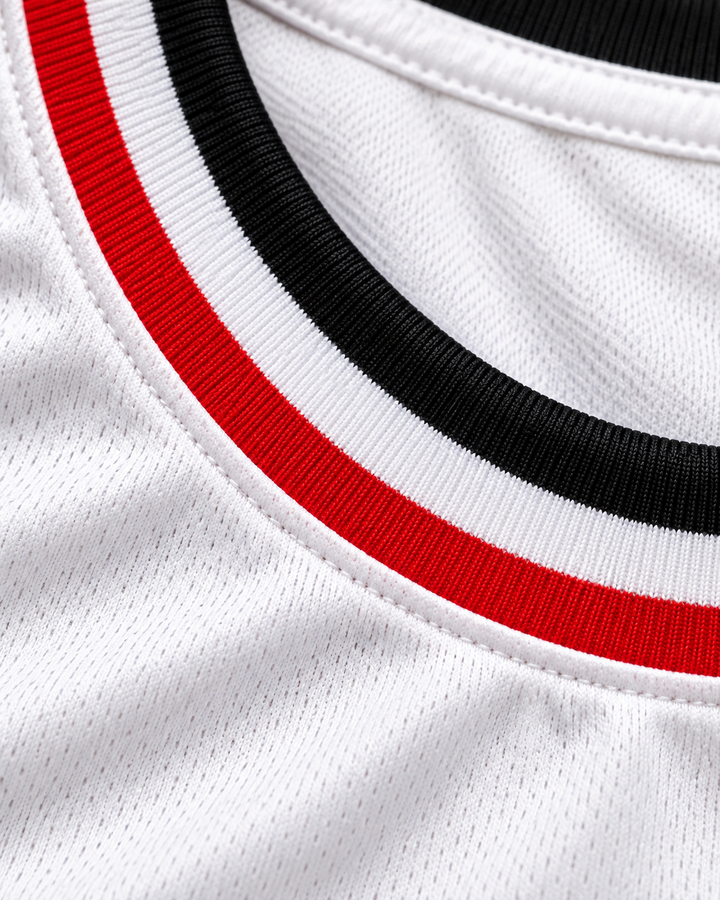 Neckline and fabric detail product mockup of United States 2 White Basketball Jersey.