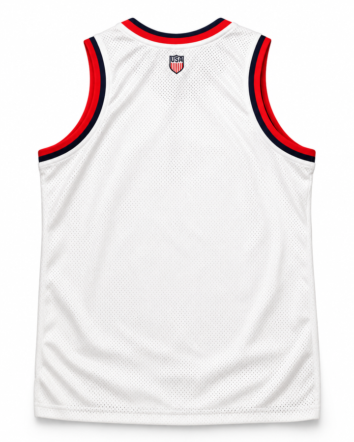 Back product mockup of United States USA White Basketball Jersey.