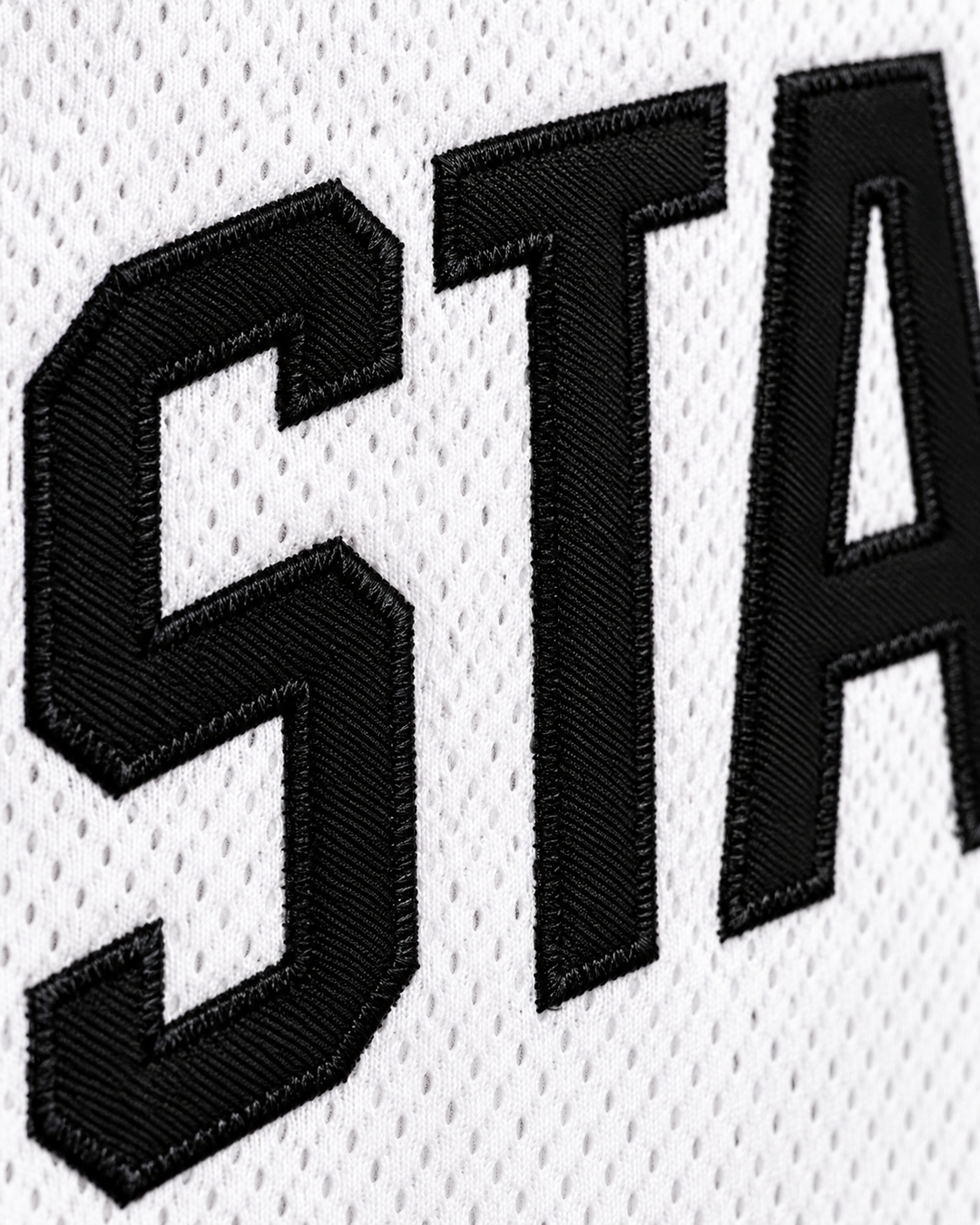 Embroidery detail product mockup of United States USA White Basketball Jersey.